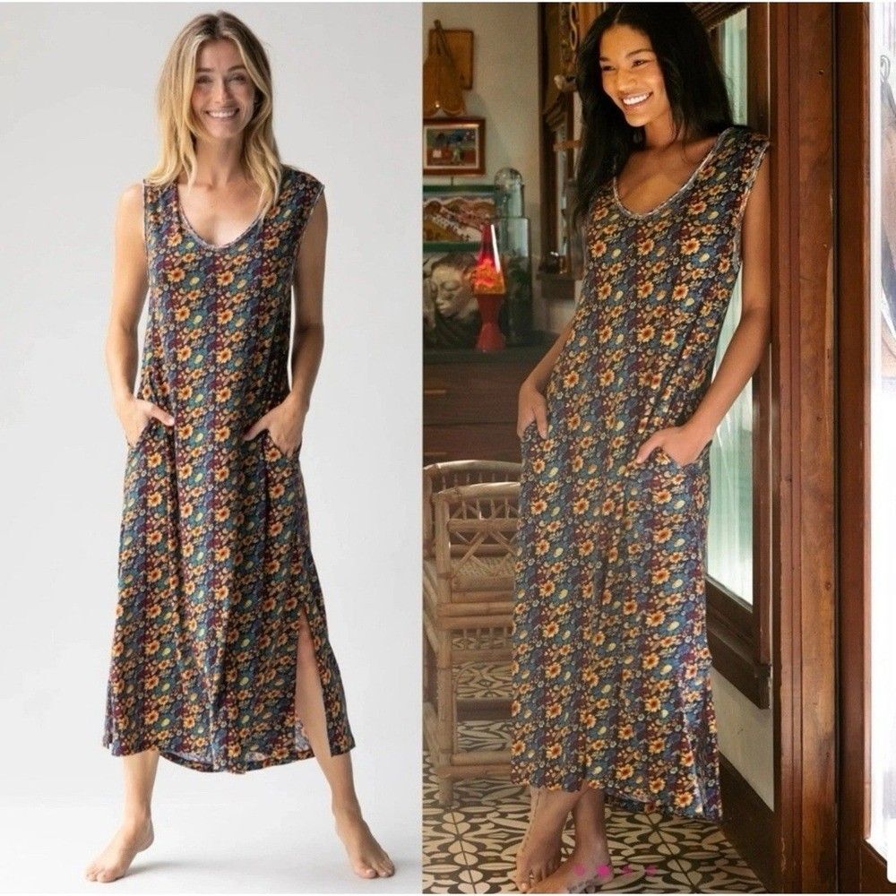 NATURAL LIFE Hangout Cotton Maxi Dress Navy Olive Floral 100% Cotton L XL NWT